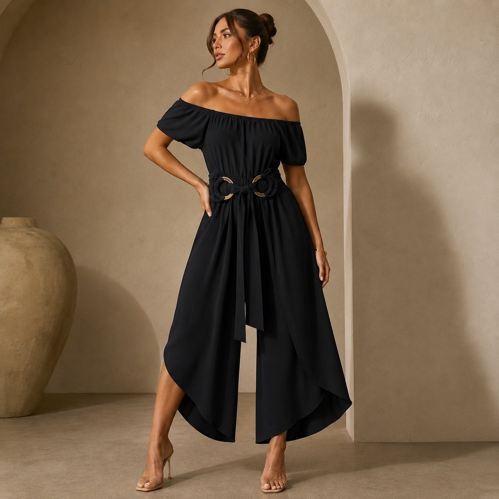 MSK Black Harem Jumpsuit Gold Ring Waist Draped Leg Large Chic Minimalist Dressy